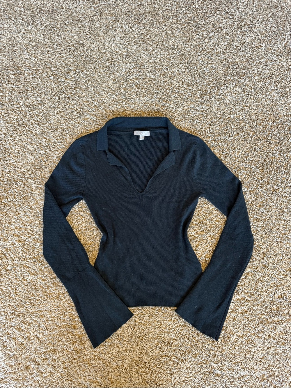 J. Crew Black V-Neck Collared Long Sleeve Top